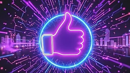 neon thumbs up symbol surrounded by a digital vortex, vibrant purple and cyan colors, futuristic cityscape silhouettes in the background, conveying a sense of movement and energy high resolution - Powered by Adobe