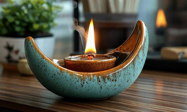 Teal ceramic oil lamp burning with smoke on wooden table.