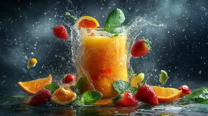 Splashing fruit and juice evoke freshness.