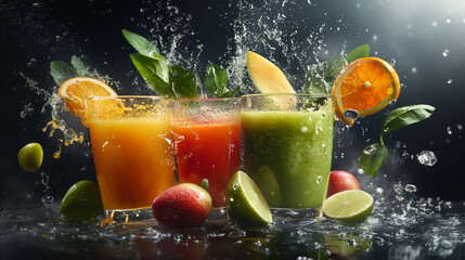 Fresh fruit juices splash on a dark table
