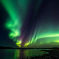 Vibrant Green and Purple Aurora Borealis over Lake