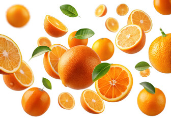  Oranges falling mid-air isolated on a transparent background.