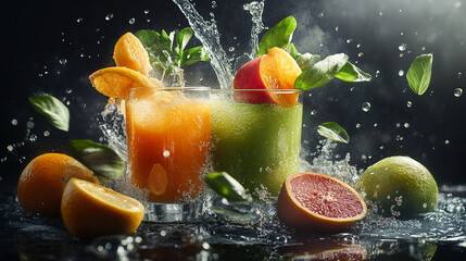 Two fresh juices splash with citrus slices