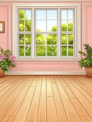 Fototapeta premium Serene interior scene featuring a window overlooking a lush garden view