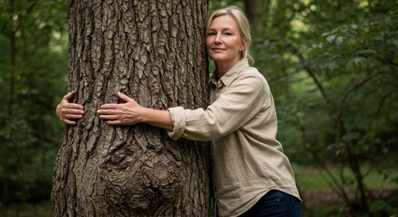 Woman Embraces Nature's Strength - A woman hugs a large tree, symbolizing connection, environmentalism, peace, growth, and the power of nature