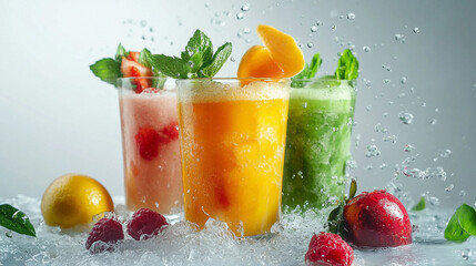 Vibrant fruit smoothies with splash of water