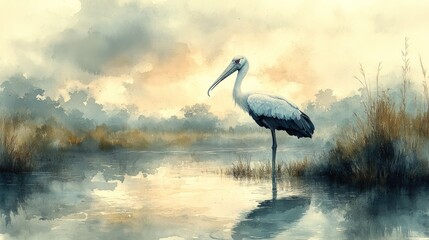 Sunrise over a serene wetland with a stork