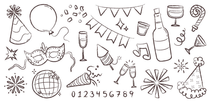 Set de ilustraciones decorativas dibujadas a mano de decoraciones de fiesta. Vector	
