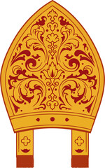 Golden Red Ornate Bishop Mitre Vector – Baroque Style Catholic Clergy Hat with Religious Floral Pattern