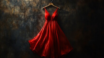 Red satin gown on hanger