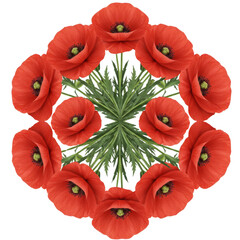Obraz premium Kaleidoscope pattern with vibrant red poppy flowers and green leaves design on white background on transparent background
