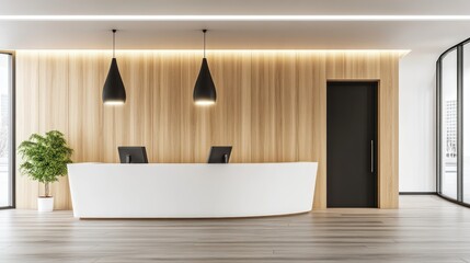 Fototapeta premium Modern reception desk in a light-filled office lobby