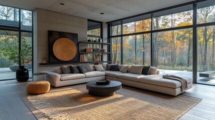 Modern minimalist living room with large windows overlooking autumn forest