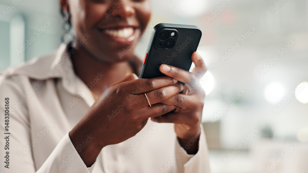 Poster happy woman, hands or mobile in office for business, calendar update or scroll on networking platfor