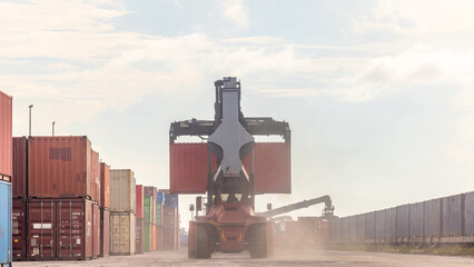 Reach stacker industrial container lifting container, Global freight logistic cargo transportation, Reach stacker container handler freight terminal, Heavy machinery operate supply chain industry.