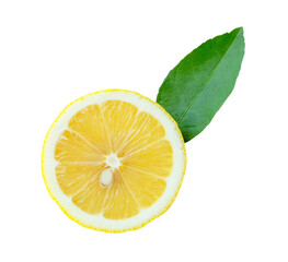 Front view of ripe yellow lemon fruit in one half with green leaf isolated with clipping path in...
