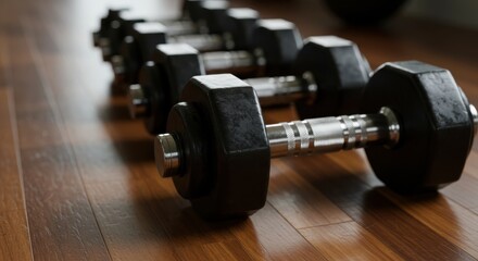 Obraz premium Dumbbells row representing fitness and strength training on wooden floor