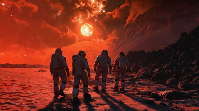 Four astronauts in white spacesuits stand on a rocky red planet with a glowing orange sky, a large sun or moon dominates the horizon, rugged terrain and distant mountains create a futuristic alien