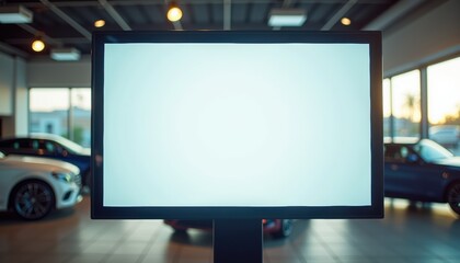 Digital display screen in a car dealership showroom with vehicles  
