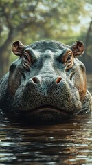 Fototapeta premium Hippo resting in calm waters during golden hour at a serene African riverbank
