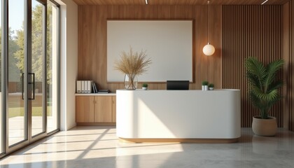 Modern reception desk in stylish office with natural light