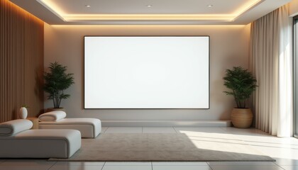 Modern interior living room with blank screen and potted plants  