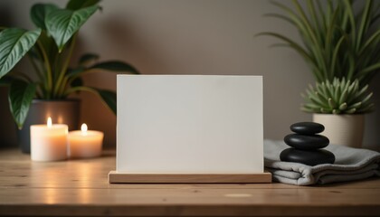 Minimalist blank canvas on wooden stand with candles and plants
