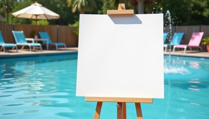 Blank canvas on easel by swimming pool on a sunny day  