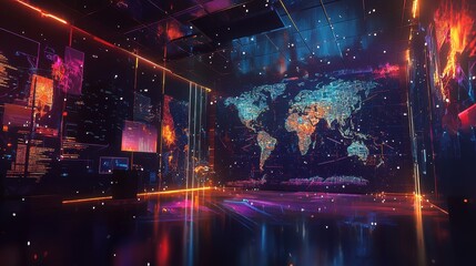 Obraz premium High-tech virtual studio background featuring global map and colorful lighting effects