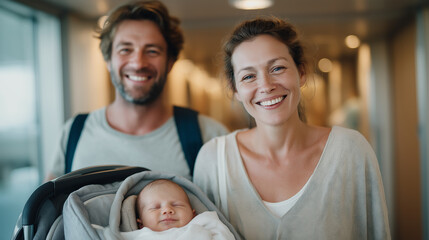 Family leaving the hospital with newborn in car seat and small suitcase