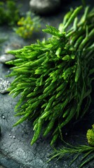 Naklejka premium Freshly harvested green sea asparagus, glistening with moisture, sits on a dark surface. A vibrant, healthy image.