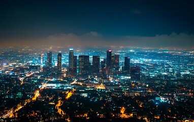 Obraz premium Night view of Los Angeles skyline from above; city lights; urban landscape; stock photo
