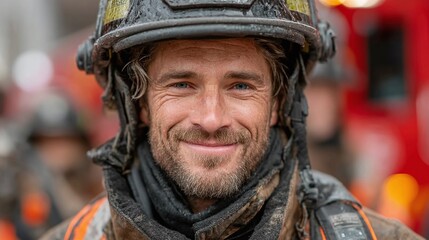 Happy firefighter wearing helmet, standing beside fire engine. Portrait of smiling male in uniform. Emergency service worker ready for work. Fire department professional, brave hero in action