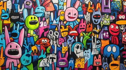 Obraz premium Vibrant, colorful illustration of many cartoon creatures.