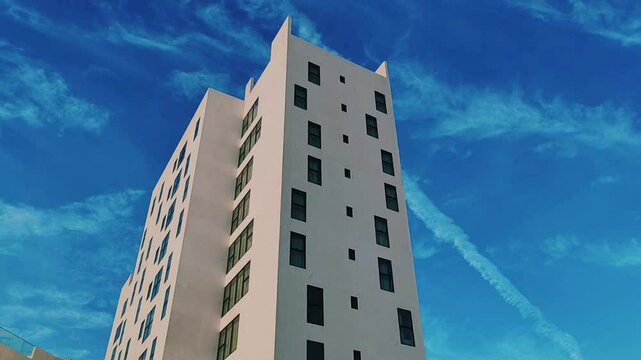 White Color Building With Full View, Building With Black Color Windows Blue Sky Background. Skyscraper Highrise G10 Floor Building Outdoor Exterior Full View. Tallest Skyline With Their White Color.