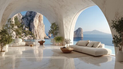 Luxurious modern home interior design. Arched windows frame sea view. Plants enhance spacious living area. Elegant sofa, marble floor. Modern architecture emphasizes serene atmosphere. Minimalist