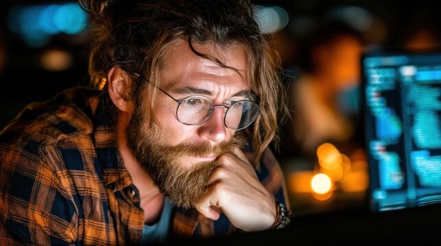 Focused person working on computer at night