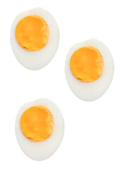 Top view set of boiled or cooked chicken eggs with egg yolk in three halves isolated with clipping path in png file format