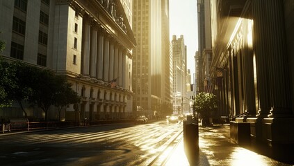 Golden hour cityscape, urban street, sunbeams pierce city