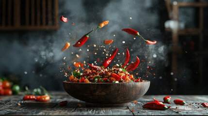 A spicy culinary explosion with flying food