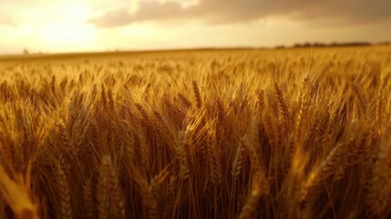 Golden wheat field bathed in warm sunset light.
