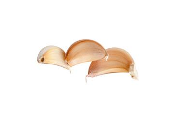 Side view of three unpeeled garlic cloves or pieces in stack isolated with clipping path in png file forma