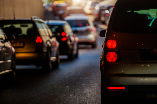 Traffic Congestion at Sunset in a City Tunnel With Vehicles Slowing Down for Rush Hour