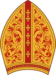 Traditional Golden Red Bishop Mitre Vector – Catholic Clergy Hat with Cross and Floral Baroque Ornament