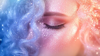 Fototapeta premium Close-up portrait of a stylized face with glowing makeup.
