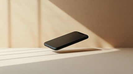 Floating phone on a beige surface