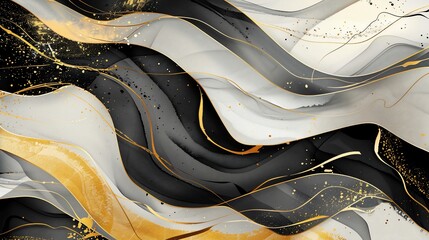 Abstract art with flowing elegant lines in shades of white black and gold