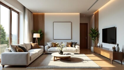 Stylish living room interior with modern furniture and decor, showcasing a minimalist aesthetic , lamp, coffee table, apartment decor