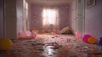 A brightly colored room, filled with confetti, balloons, and party remnants, suggests a joyous celebration