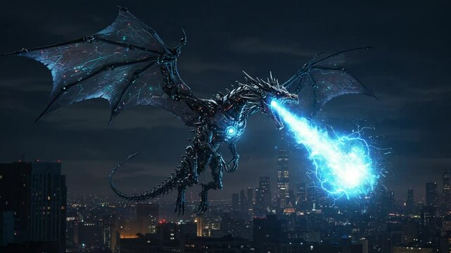 Futuristic metal dragon exhaling blue energy over dark cityscape